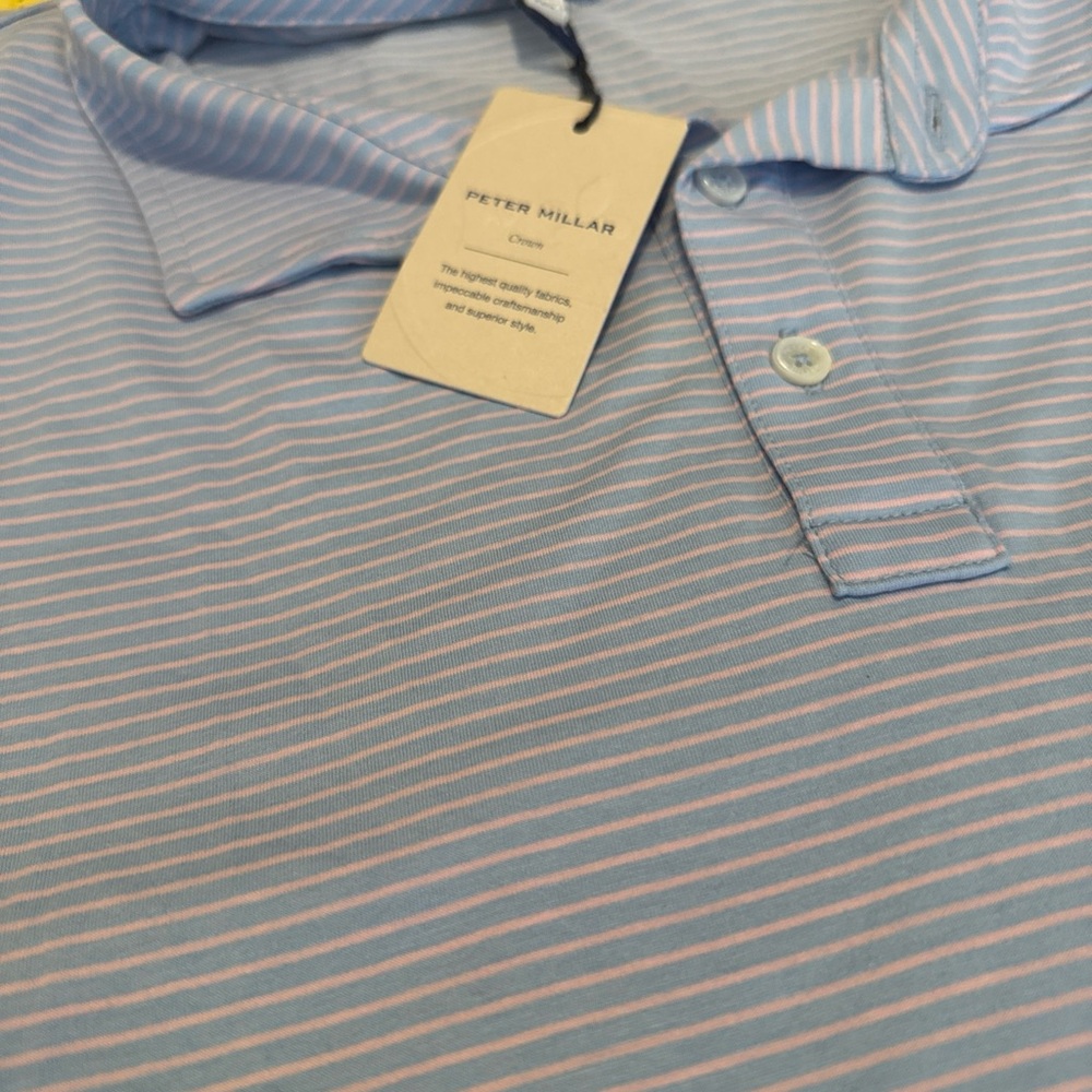 NEW! PETER MILLAR GOLF POLO SHIRT -XXL- BLUE PURPLE STRIPE POLY SUMMER COMFORT